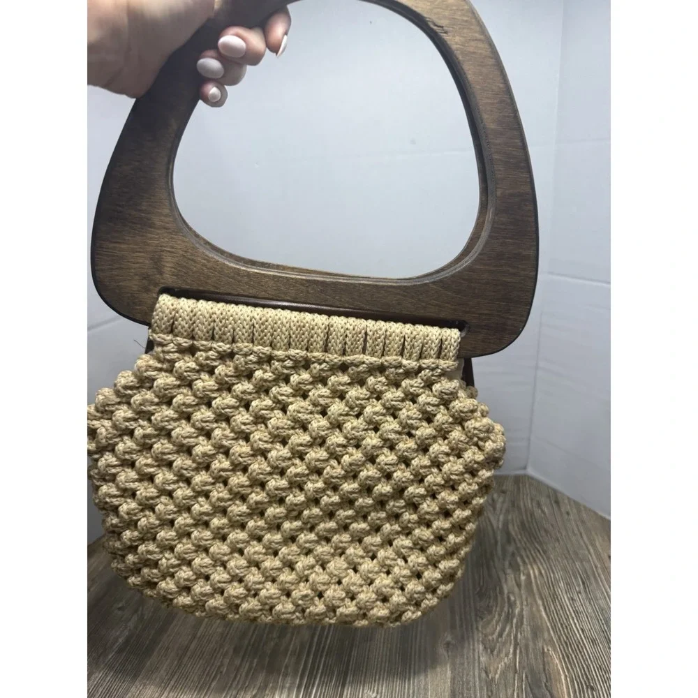 Vintage Boho Macrame Handbag Butterfly Embroidered‎ Wood Handle Brown Tan Bag